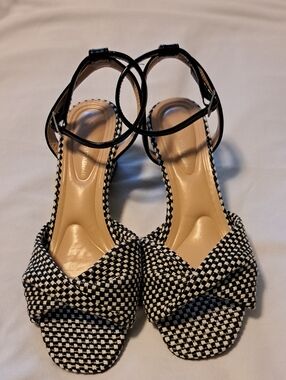 Adrienne Vittadini "Angi" Black & White Woven Ankle-Strap Wedges